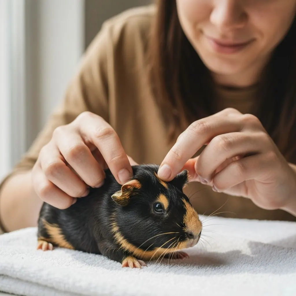 Owner examining a guinea pig's coat for signs of hair loss